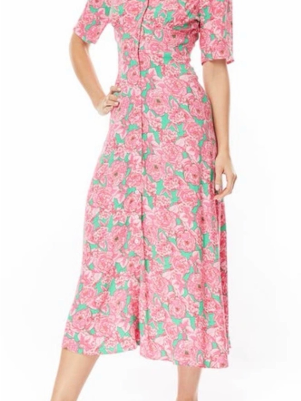 Pink Floral Midi Dress with Green Leaf Print